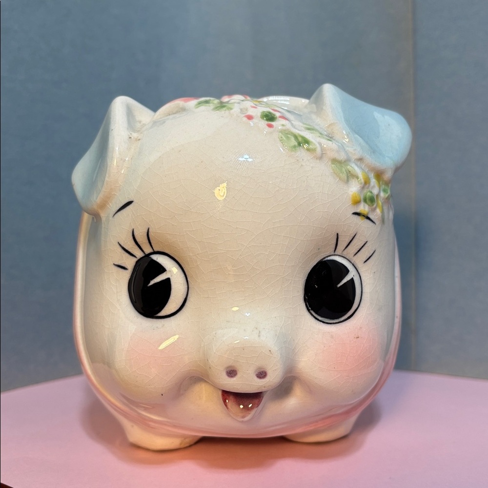 Vintage Blue and Pink Mid Century Modern Ceramic Piggy Bank!